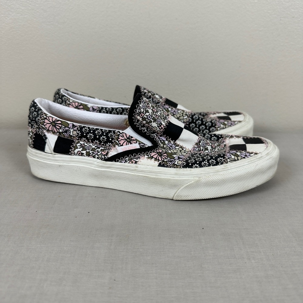 Vans Women's 7.5 Slip On Black Floral Checkerboard Patchwork Skate Shoes